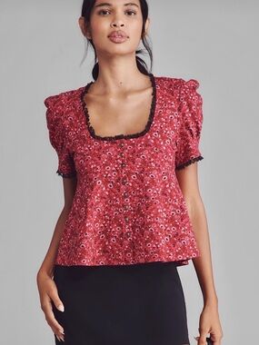 Mauve Red Floral Square-Neck Puff-Sleeve Top